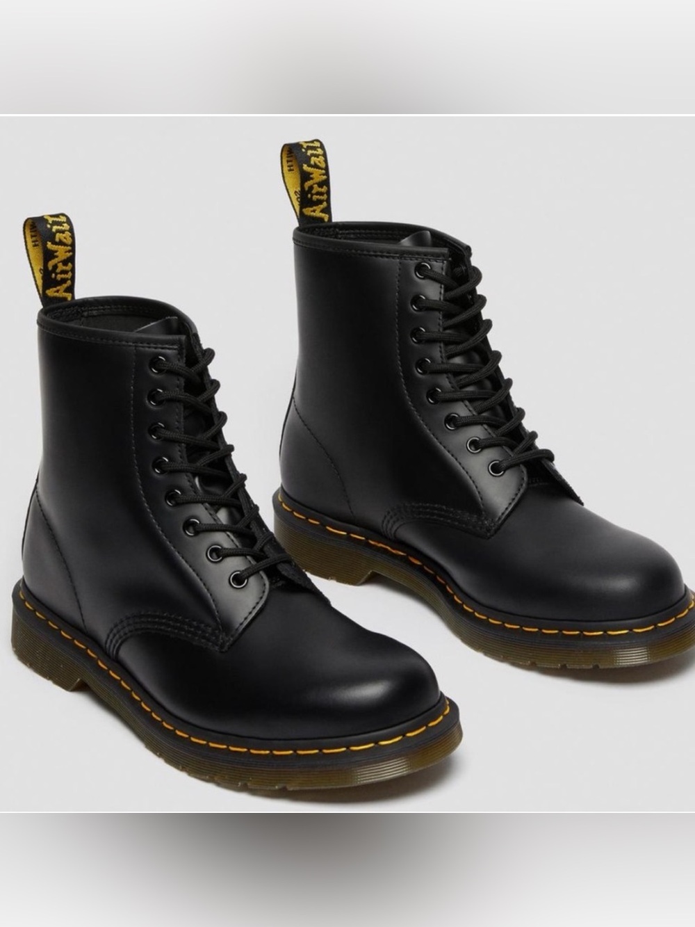Dr. Martens 1460 Black Leather Lace-Up Ankle Boots with Yellow Stitching
